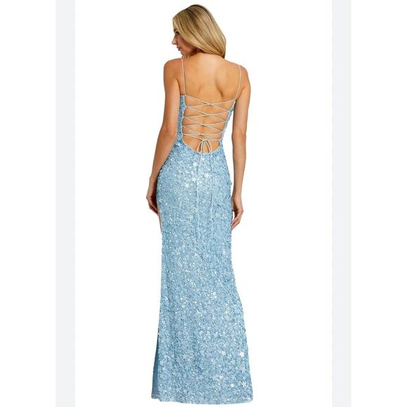 NWOT Mac Duggal Ieena Sequin Gown M Ice Blue Sweetheart Lace-Up High Slit Formal - Picture 2 of 15